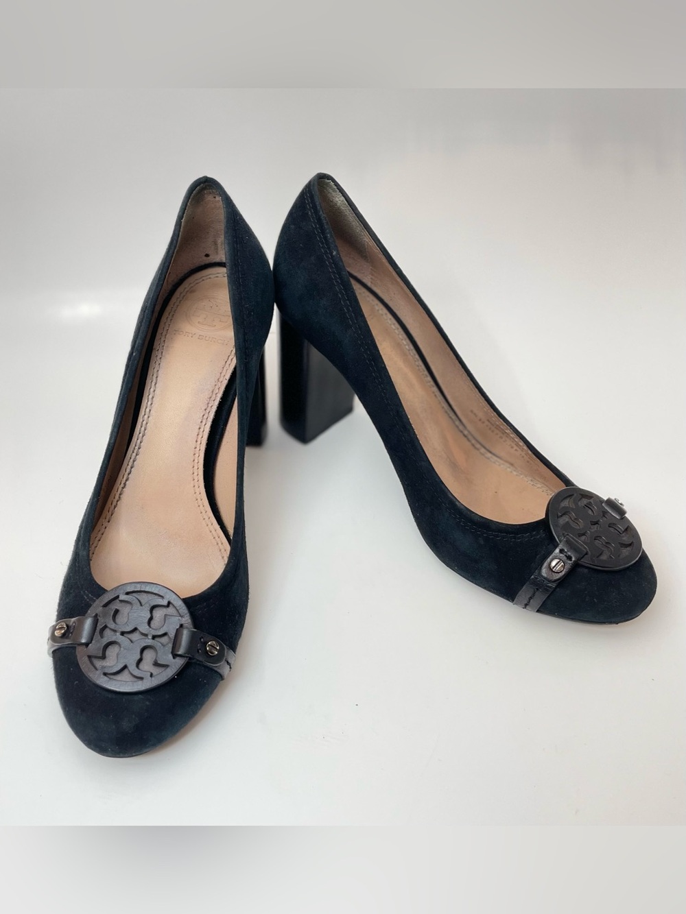 Tory Burch Mini Miller Black Suede Block-Heel Pumps with Medallion Accent